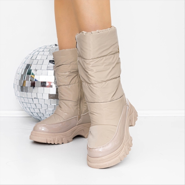 Cizme dama bej din piele ecologica lacuita si material textil Elistra, 3 - Kalapod.net