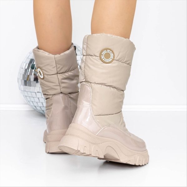 Cizme dama bej din piele ecologica lacuita si material textil Elistra, 4 - Kalapod.net