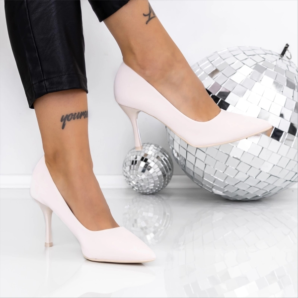 Pantofi dama cu toc bej din material textil Lizana - Kalapod.net