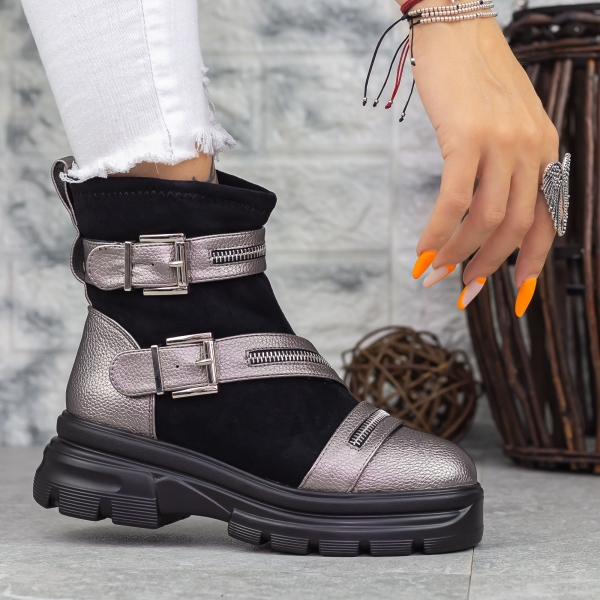 Ghete dama negre cu gri din piele ecologica Gretchen, 3 - Kalapod.net