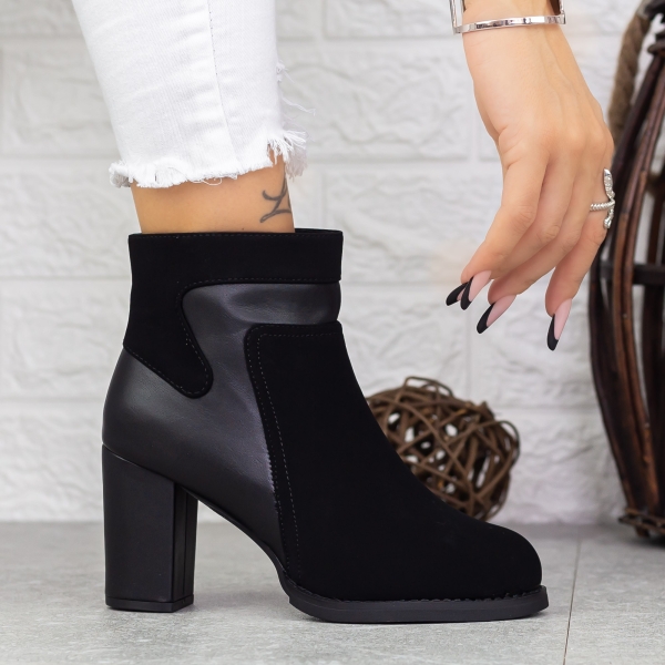 Botine dama cu toc negre din piele ecologica si material textil Ryliana, 3 - Kalapod.net