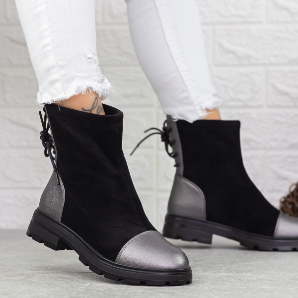 Ghete dama negre cu gri din piele ecologica si material textil Mihara - Kalapod.net