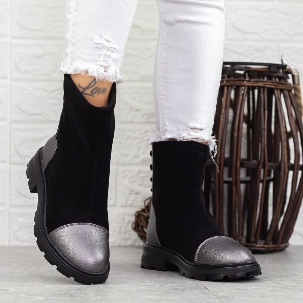 Ghete dama negre cu gri din piele ecologica si material textil Mihara, 4 - Kalapod.net