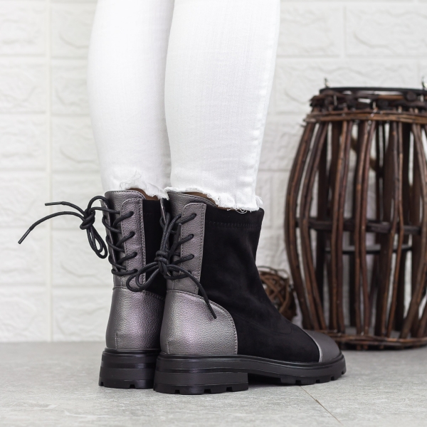 Ghete dama negre cu gri din piele ecologica si material textil Mihara, 5 - Kalapod.net