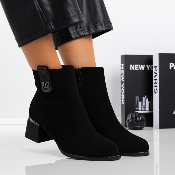 Botine dama cu toc negre din material textil Meriva - Kalapod.net