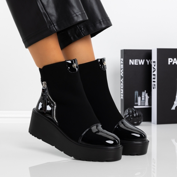 Botine dama cu toc negre din piele ecologica si material textil Ianara - Kalapod.net