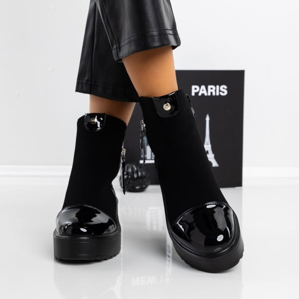 Botine dama cu toc negre din piele ecologica si material textil Ianara, 3 - Kalapod.net