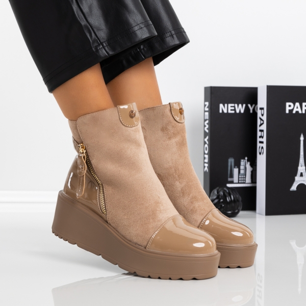 Botine dama cu toc bej din piele ecologica si material textil Ianara - Kalapod.net