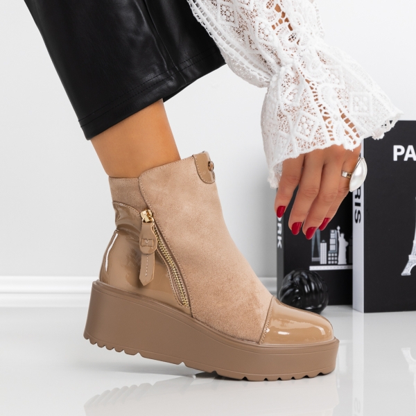 Botine dama cu toc bej din piele ecologica si material textil Ianara, 2 - Kalapod.net