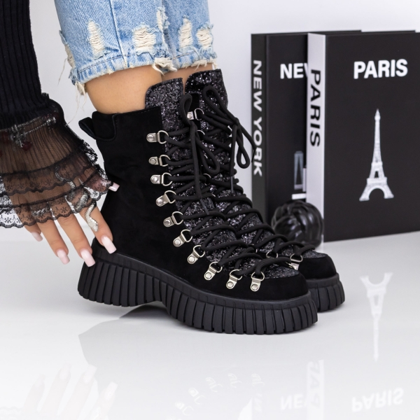 Ghete dama cu platforma negre cu insertii argintii din material textil Brixley - Kalapod.net