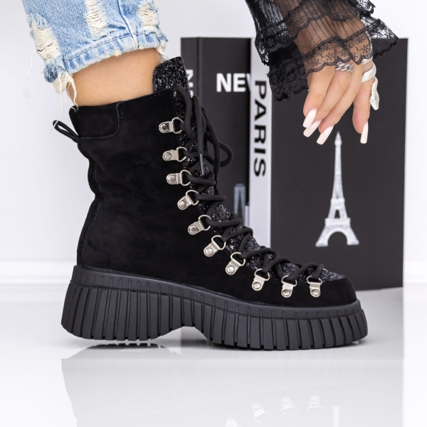 Ghete dama cu platforma negre cu insertii argintii din material textil Brixley, 2 - Kalapod.net