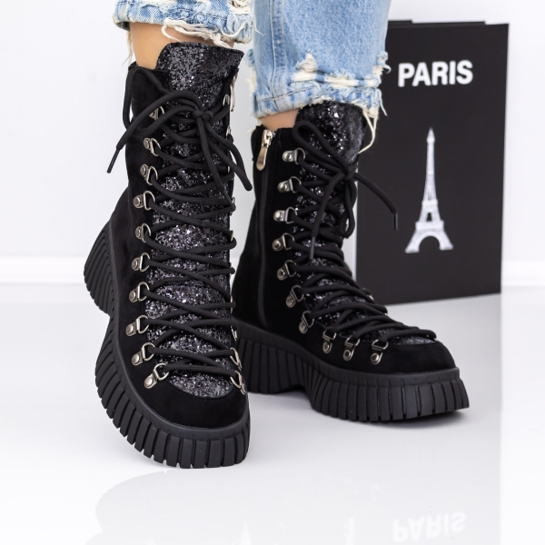 Ghete dama cu platforma negre cu insertii argintii din material textil Brixley, 3 - Kalapod.net