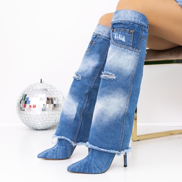Cizme  dama cu toc albastre din material textil Elada - Kalapod.net