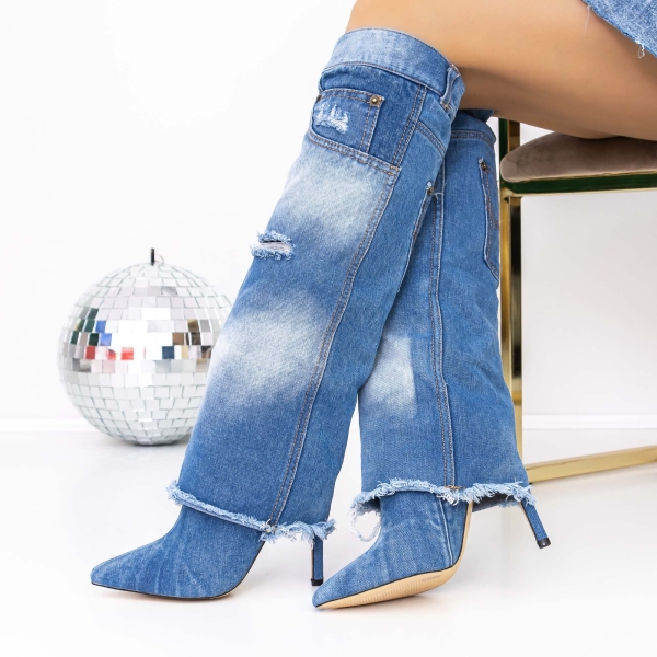 Cizme  dama cu toc albastre din material textil Elada, 2 - Kalapod.net