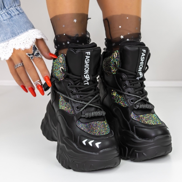 Ghete dama cu platforma negre din material sintetic Ohada, 2 - Kalapod.net