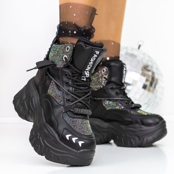 Ghete dama cu platforma negre din material sintetic Ohada, 4 - Kalapod.net