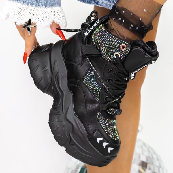 Ghete dama cu platforma negre din material sintetic Ohada, 6 - Kalapod.net