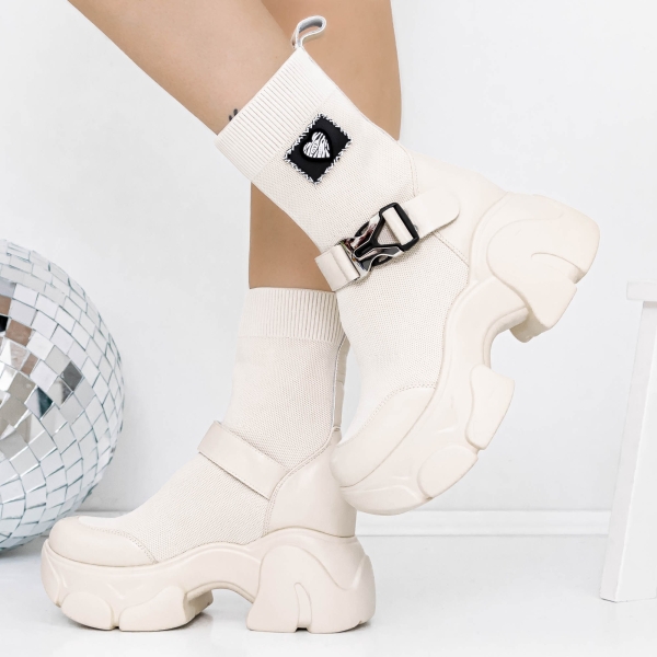 Ghete dama cu platforma bej din piele ecologica Refada, 3 - Kalapod.net