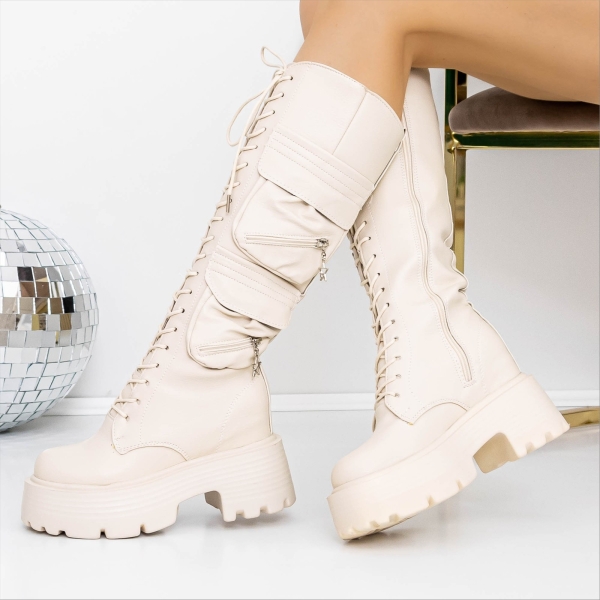 Ghete dama cu platforma bej din piele ecologica Odetta - Kalapod.net