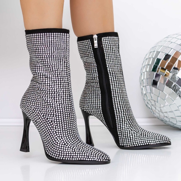 Botine dama cu toc negre din material textil Advora - Kalapod.net