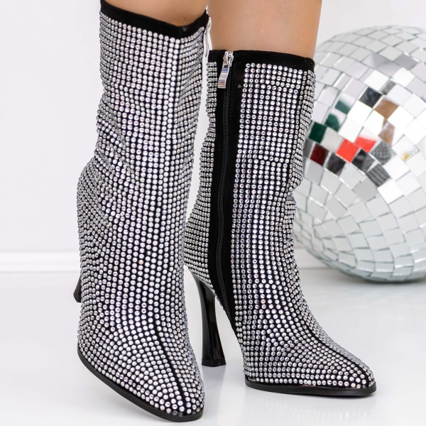 Botine dama cu toc negre din material textil Advora, 3 - Kalapod.net