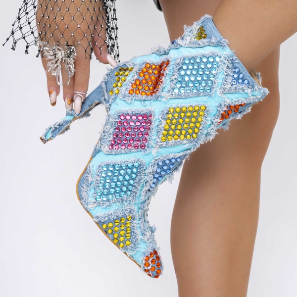 Botine dama cu toc albastre din material textil Ataia, 4 - Kalapod.net