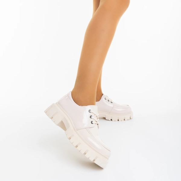 Pantofi casual dama bej deschis din piele ecologica lacuita Rhodia, 2 - Kalapod.net