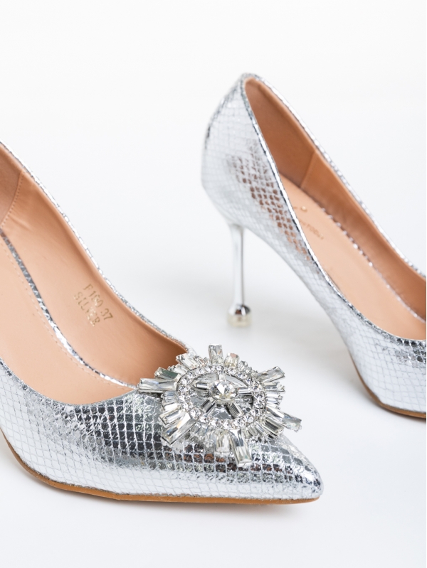 Pantofi dama argintii cu toc din piele ecologica Nerina, 6 - Kalapod.net