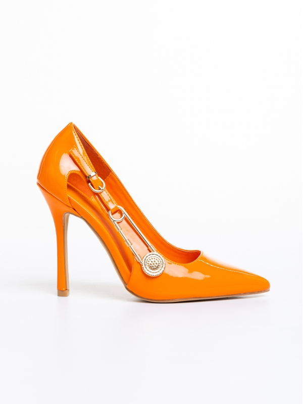Pantofi dama portocalii cu toc din piele ecologica lacuita Allana, 5 - Kalapod.net