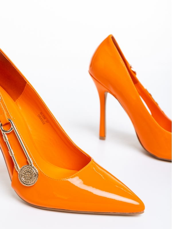 Pantofi dama portocalii cu toc din piele ecologica lacuita Allana, 6 - Kalapod.net
