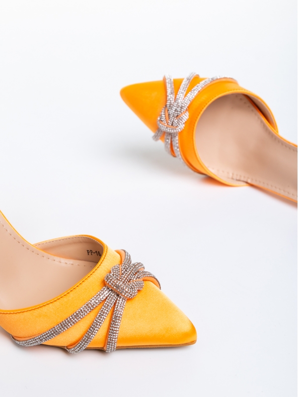 Pantofi dama portocalii cu toc din material textil Elesa, 6 - Kalapod.net