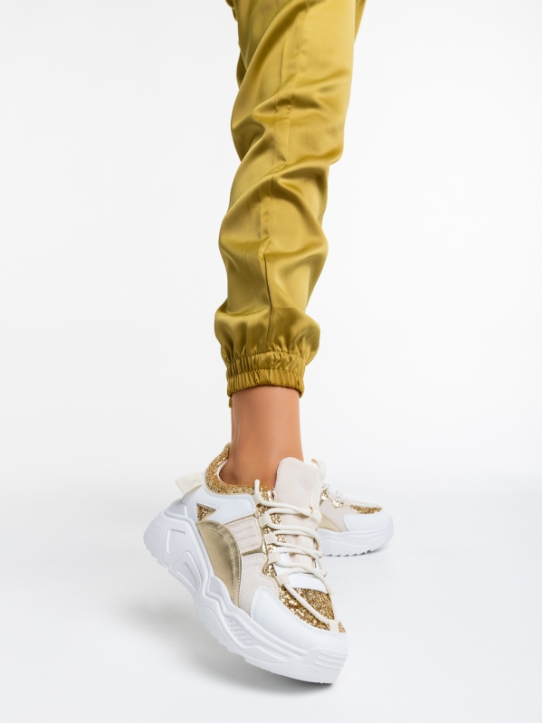 Pantofi sport dama albi cu auriu din piele ecologica si material textil Reena, 2 - Kalapod.net