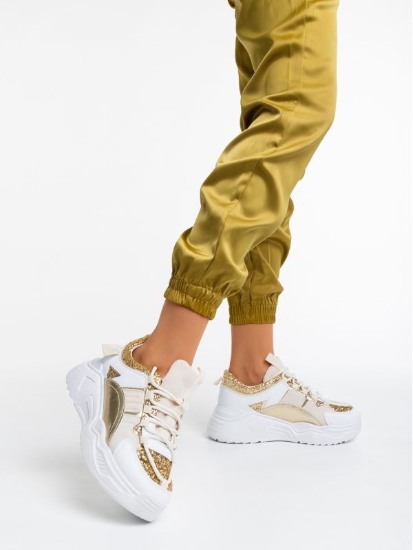 Pantofi sport dama albi cu auriu din piele ecologica si material textil Reena - Kalapod.net