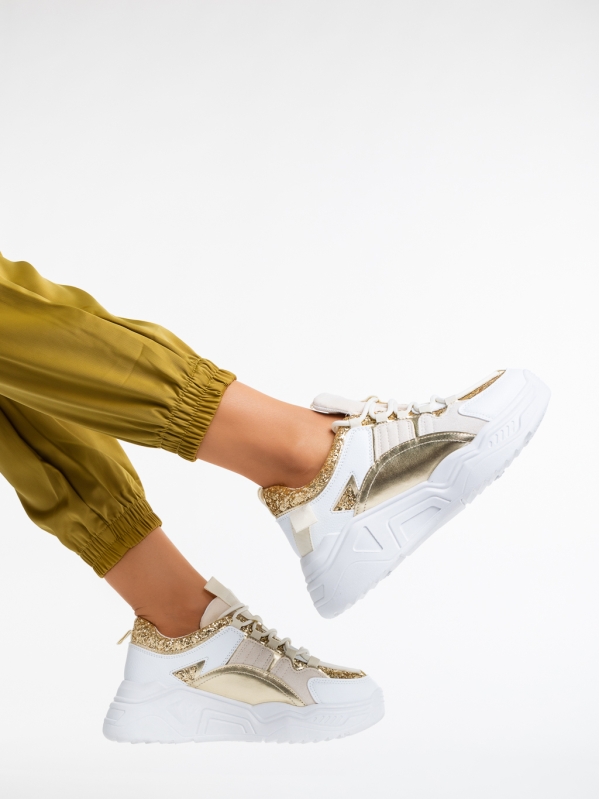Pantofi sport dama albi cu auriu din piele ecologica si material textil Reena, 3 - Kalapod.net