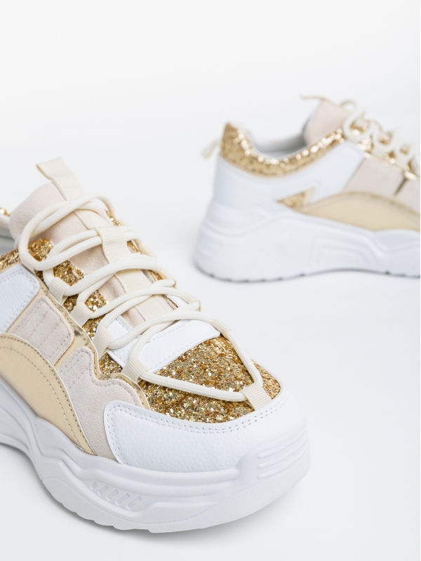 Pantofi sport dama albi cu auriu din piele ecologica si material textil Reena, 6 - Kalapod.net