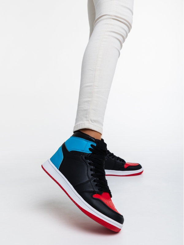 Pantofi sport dama negri cu rosu si albastru din piele ecologica Cass, 2 - Kalapod.net