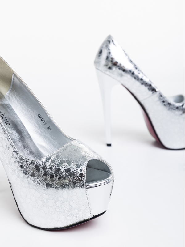 Pantofi dama argintii cu toc din piele ecologica Zohra, 6 - Kalapod.net