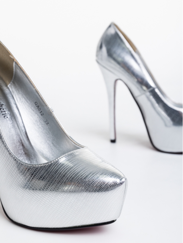Pantofi dama argintii cu toc din piele ecologica lacuita Fedelma, 6 - Kalapod.net