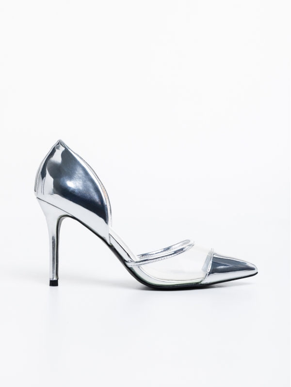 Pantofi dama argintii cu toc din piele ecologica lacuita Arcelia, 5 - Kalapod.net