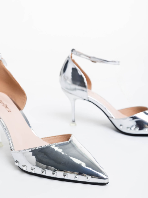 Pantofi dama argintii cu toc din piele ecologica Shanza, 6 - Kalapod.net