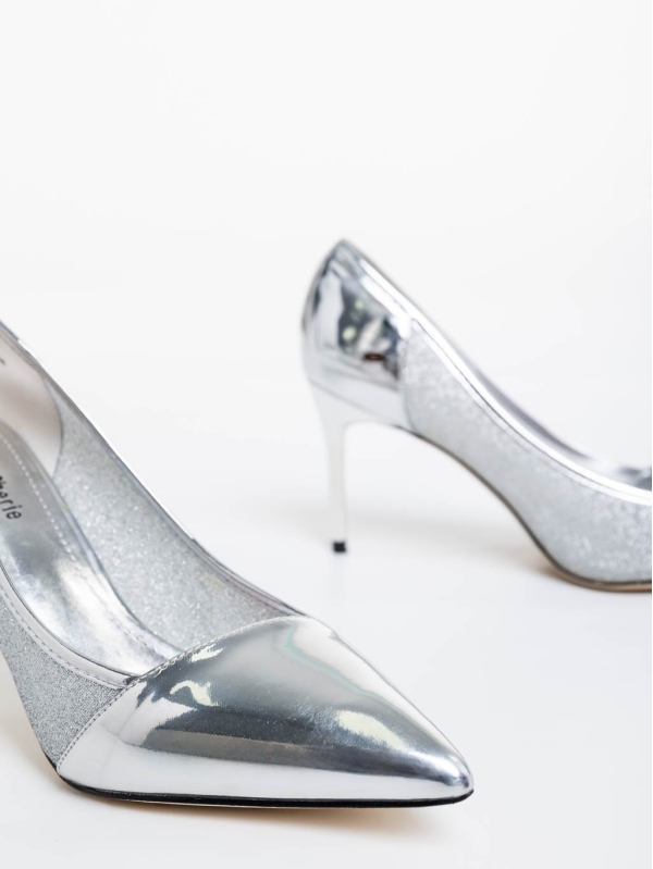 Pantofi dama argintii cu toc din piele ecologica si material textil Tanishka, 6 - Kalapod.net