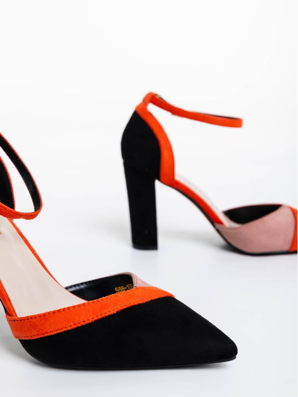 Pantofi dama portocalii cu negru cu toc din material textil Ozora, 6 - Kalapod.net