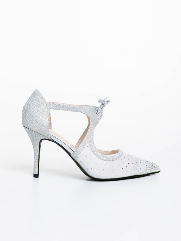 Pantofi dama argintii cu toc din material textil Tinara, 5 - Kalapod.net