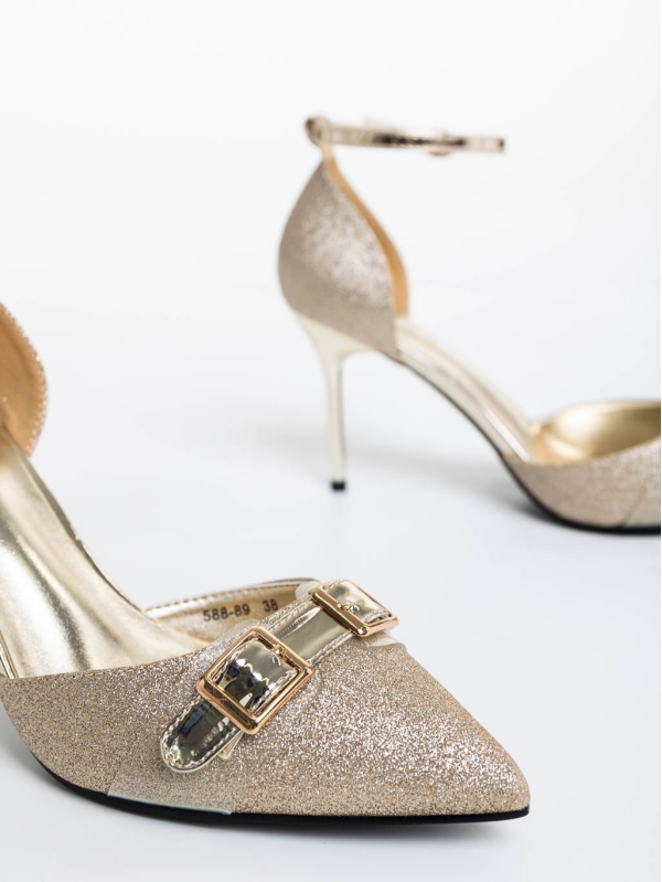 Pantofi dama aurii cu toc din material textil Teiana, 6 - Kalapod.net