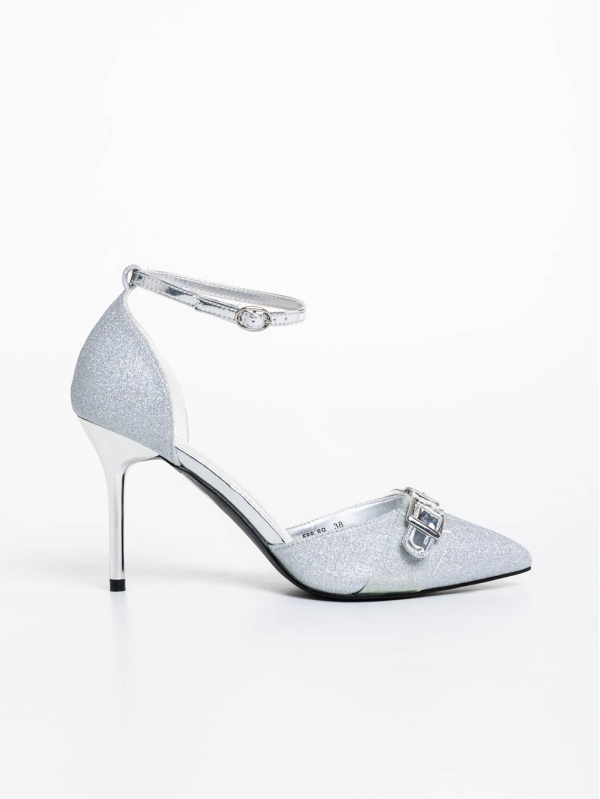 Pantofi dama argintii cu toc din material textil Teiana, 5 - Kalapod.net