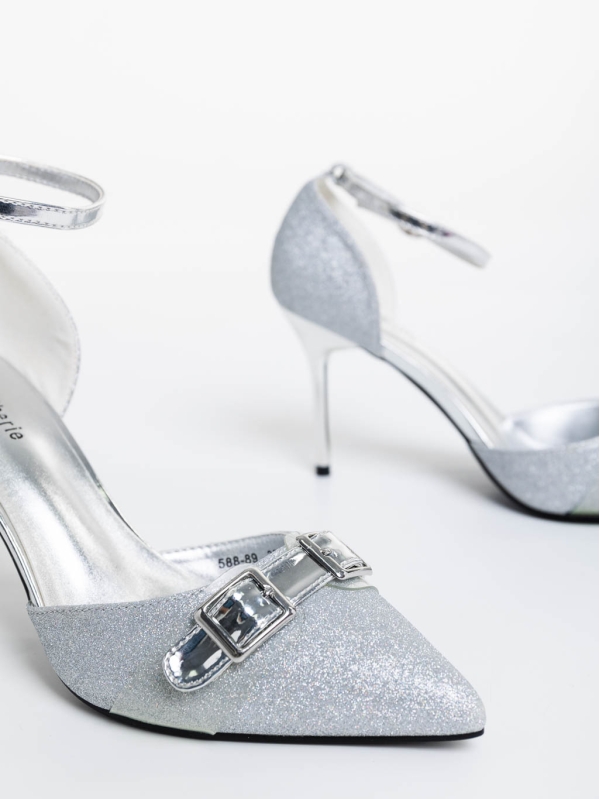 Pantofi dama argintii cu toc din material textil Teiana, 6 - Kalapod.net