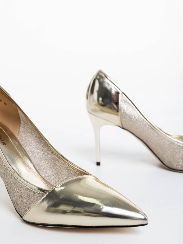 Pantofi dama aurii cu toc din piele ecologica si material textil Tanishka, 6 - Kalapod.net
