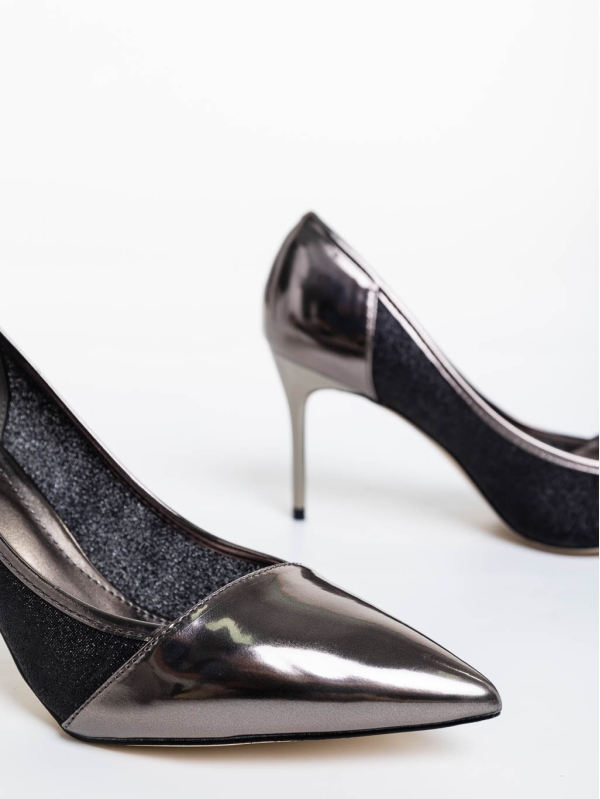 Pantofi dama argintii inchis cu toc din piele ecologica si material textil Tanishka, 6 - Kalapod.net