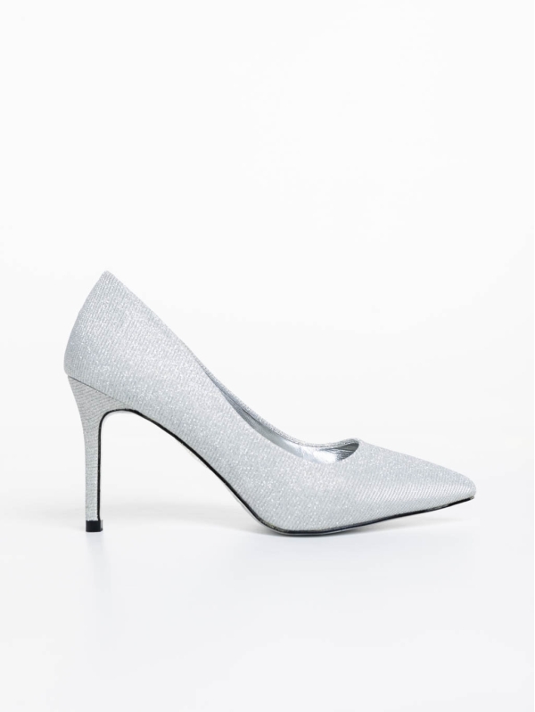 Pantofi dama argintii cu toc din material textil Odella, 5 - Kalapod.net