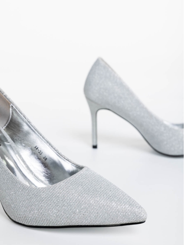 Pantofi dama argintii cu toc din material textil Odella, 6 - Kalapod.net